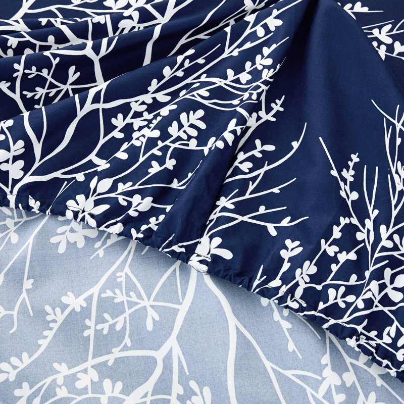 Foliage Microfiber Floral Sheet Set, Navy/Ivory, Full Sheet with Fitted Sheet and 2 Pillowcases
