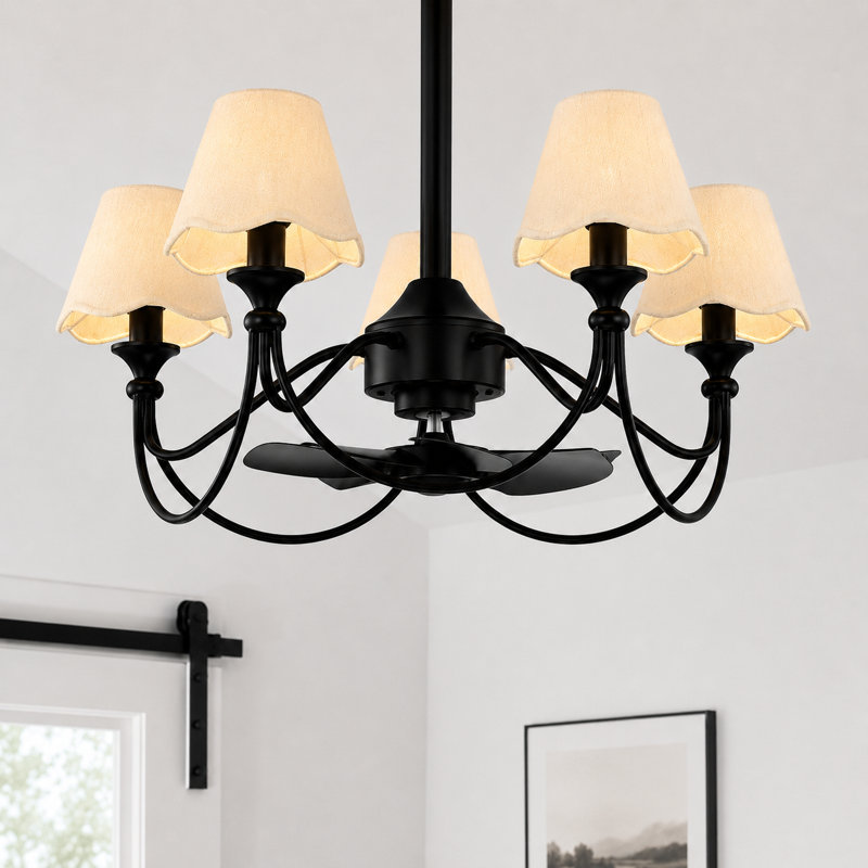 28" 5-Light Modern Remote Control Paint Sand Black With Beige Fabric Shade Fandelier Ceiling Fan With Lighting Kits For Living Room/Bedroom