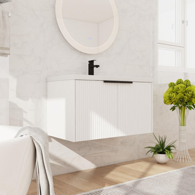 36" Single Floating Bathroom Vanity Set, Wall Mounted Bathroom Vanity With Resin Basin Sink Top, 2 Doors