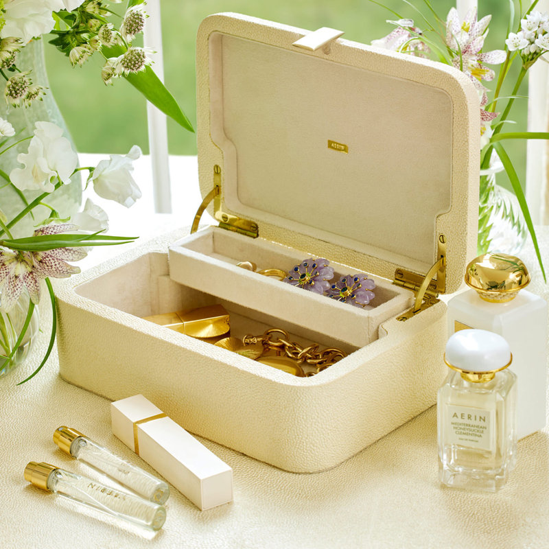 Small Off-White Shagreen Jewelry Box with Brass Detailing