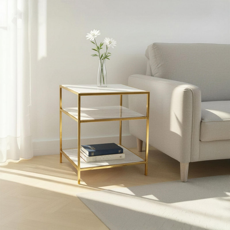 Higgins 2-Tier Marble Sidetable w/ Iron Frame, White and Brass