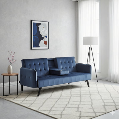 Canapé-lit convertible en velours de 72 po avec porte-gobelets, canapé-lit pliant capitonné de type futon 3 places pour petits espaces, L 72 po x P 34,6 po x H 31 po