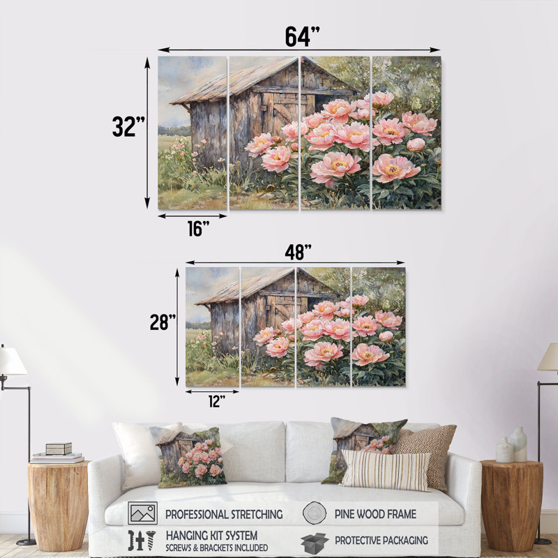 Pivoines par le poulet Coo V - par Art - ensemble de décoration murale traditionnelle, H 28 po x l 48 po, 4