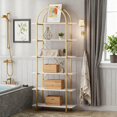 6-Tier Tall Bookcase With Arched Top, Industrial Metal Frame Display Shelf For Living Room, Home Office, And Bedroom Storage by 17 Stories
