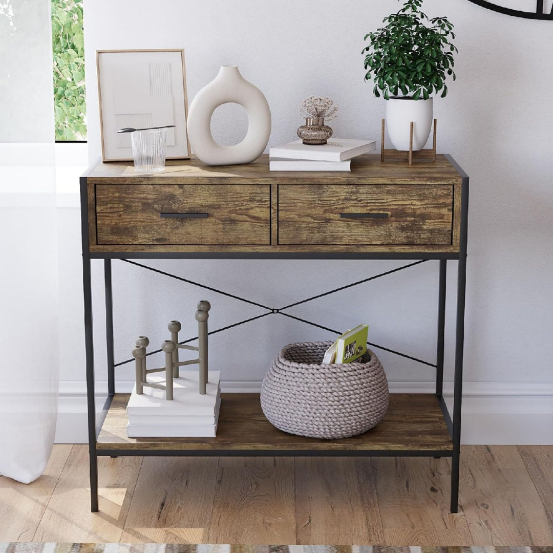 Console Table Rustic Storage Furniture for Hallway Living Room (Dark Wood, 2 Drawer)