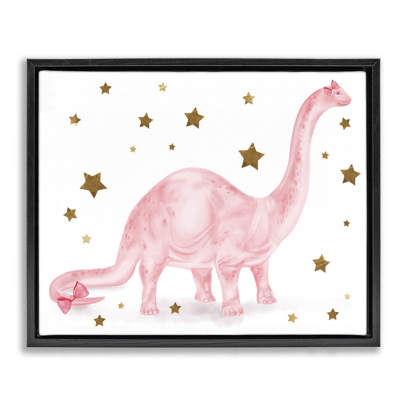 "Dinosaur rose avec étoiles dorées", art mural sur toile flottante par Daphne Polselli, Cadre flottant noir de jais