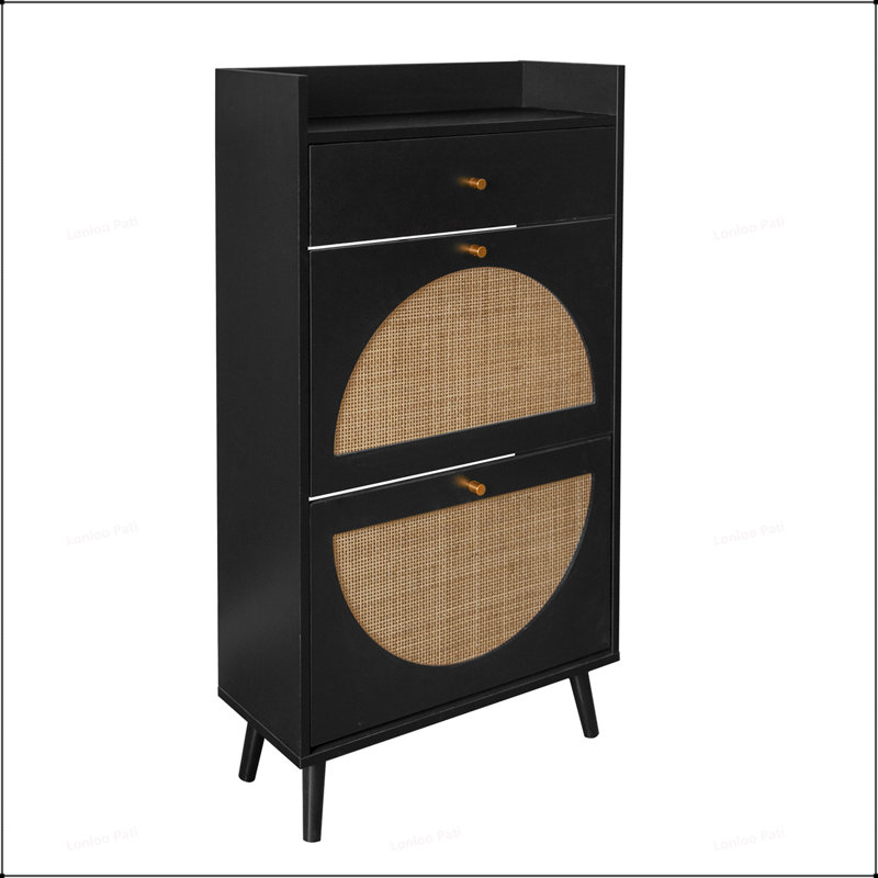 Charming Double-Layer Rattan Shoe Rack Cabinet for Entrance, Enhancing Home Decor and Organizational Efficiency, Black