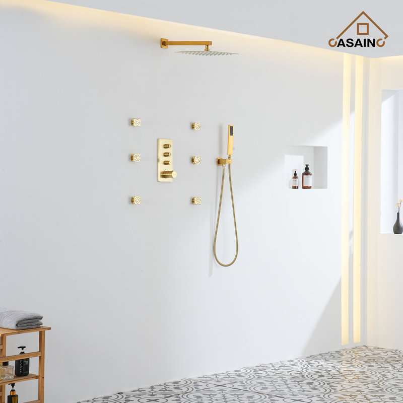 3 Functions 12 Inch Wall Mount Thermostatic Shower System with 6 Body Jets, Brushed Gold