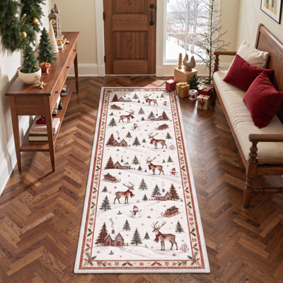 Tapis d'intérieur lavable à poils courts, motif d'animaux de Noël « Winter Lodge & Deer », ivoire/brun, pour chambre à coucher