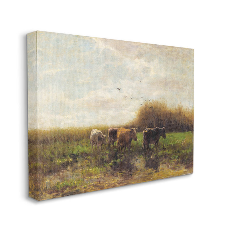 Gray Framed Rural Cattle Scenery Wood Grain Wall Art