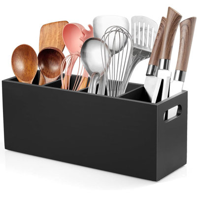 Large 4-Compartment Wooden Utensil Holder (Black, with Removable Divider)