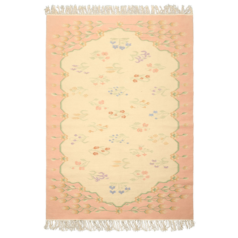 Tapis transitionnel en laine tissé à la main ivoire 5 pi 11 po x 8 pi 11 po Kilim