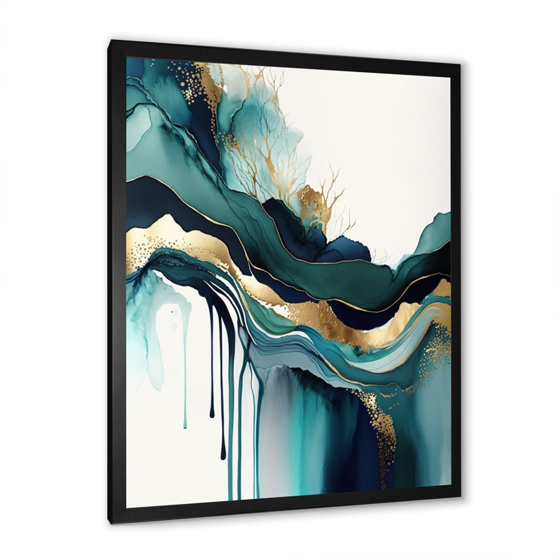 Décoration murale sarcelle et or abstrait Expression IV - Encre liquide abstraite, Impression encadrée, H 32 po x l 24 po