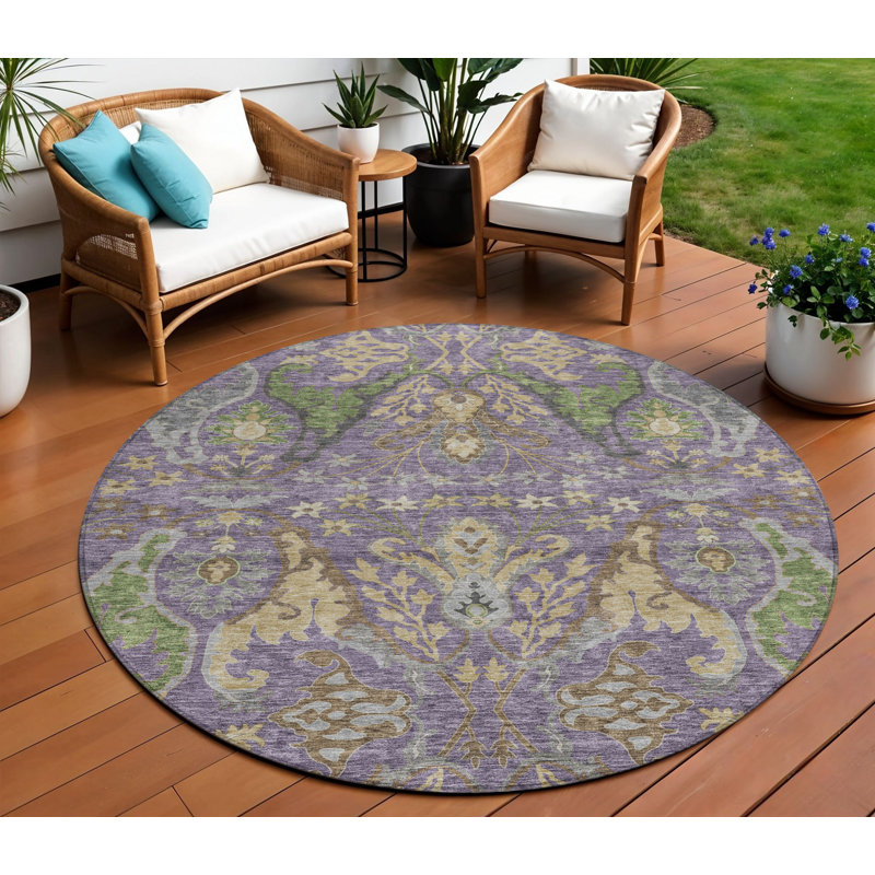 Tapis d'intérieur rond lavable floral 8 pi mauve et vert