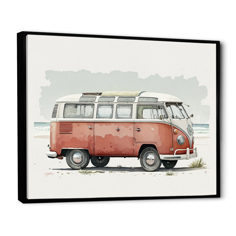Van sur la plage - salon d'art mural de voiture rétro, L 40 po x H 30 po, Cadre flottant noir
