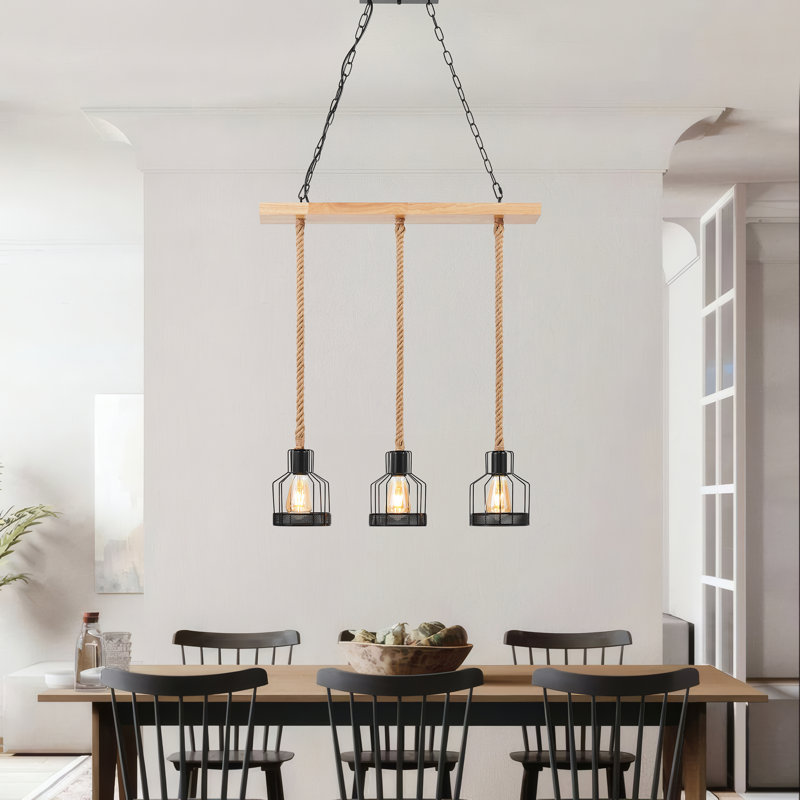 Lustre noir en bois et cordes 3 lumières, 3 lumières, H 144 po x l 27,16 po x P 3,89 po