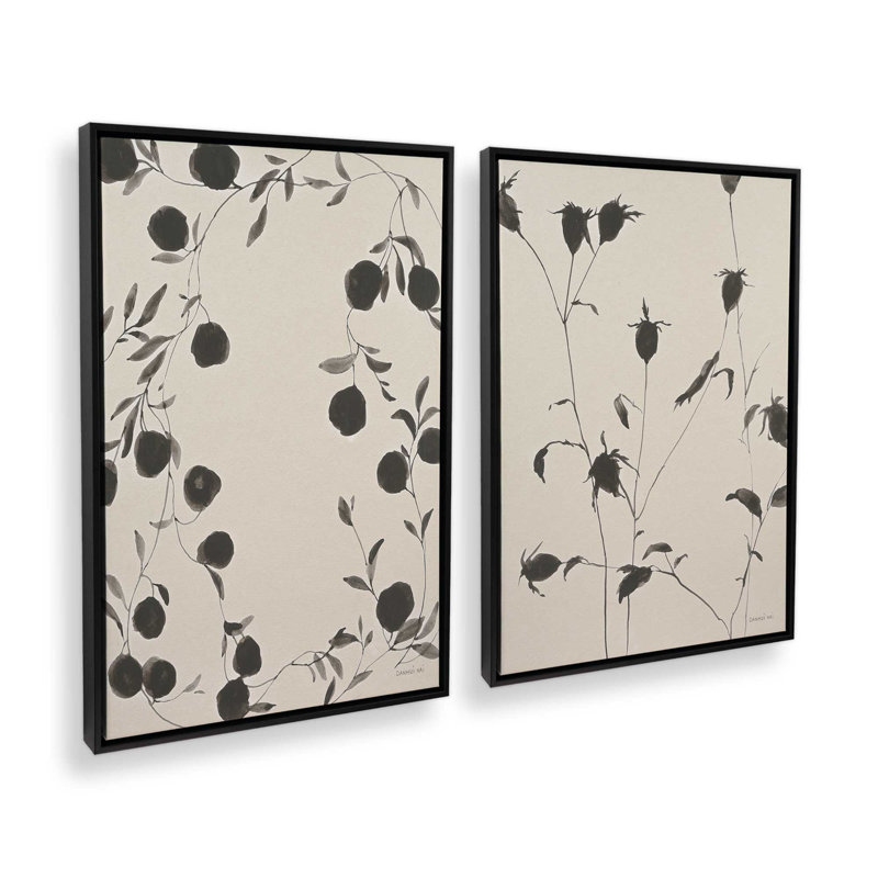 «Black Ink Botanicals», ensemble de 2, Cadre flottant noir satiné, H 19 po x l 26 po
