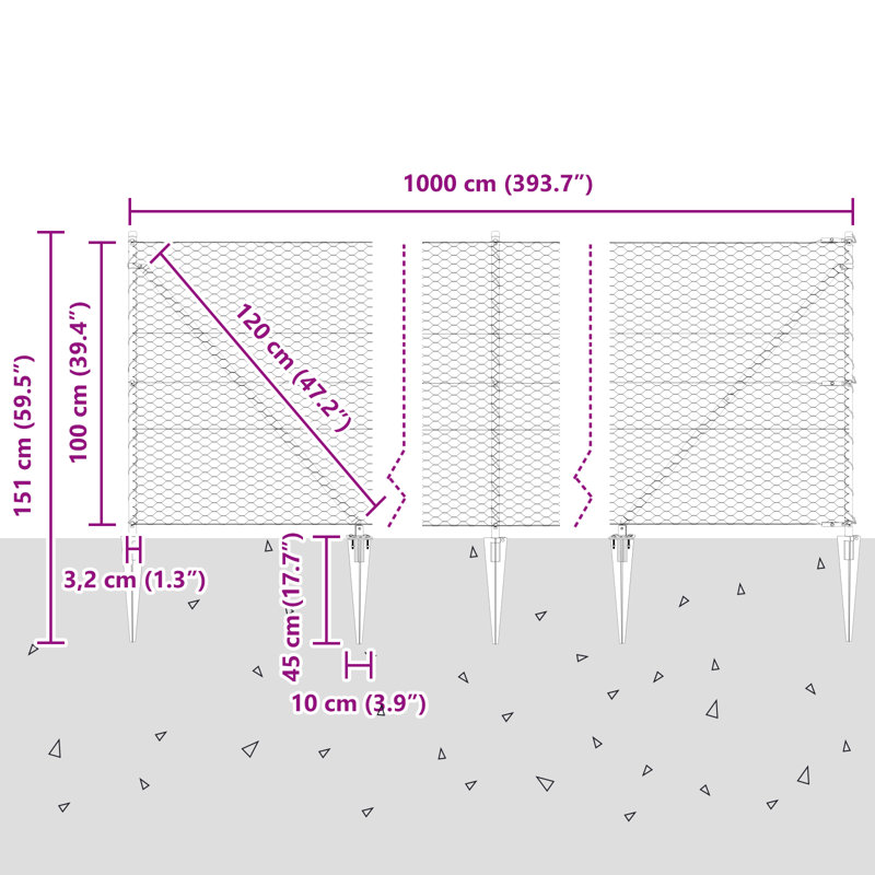 Hexagon Fence Grey 10 M Steel, 100cm H x 1000cm W