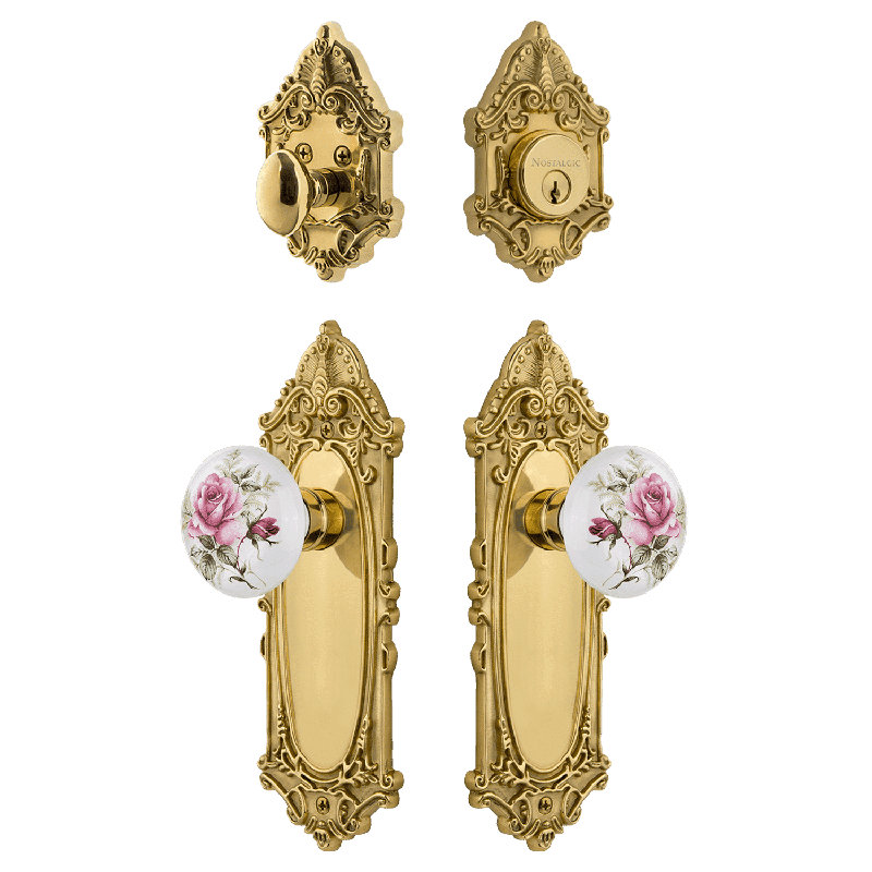 Nostalgic Warehouse Victorian Entry Set with White Rose Porcelain Knob, 2.75, Polished Brass