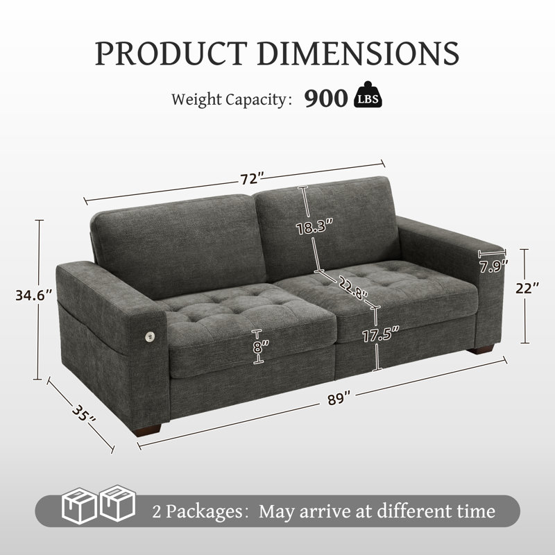 Yakina 89'' Upholstered Modern Chenille Sofa with Storage Pockets Couches and USB Charging Port, Dark Gray