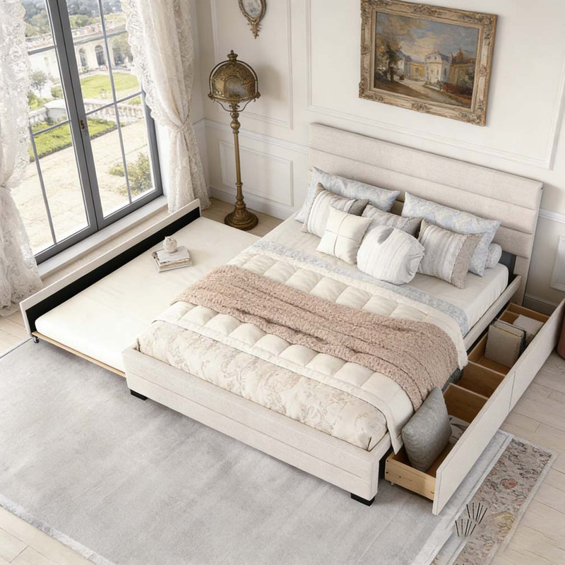 Grand lit plateforme tapissier avec lit gigogne simple et deux tiroirs