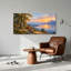 Tableau sur toile représentant des bouleaux et des montagnes au coucher du soleil doré, au bord d'un lac-477677278