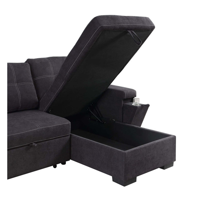 95"W Woven Fabric Reversible Sleeper Sectional Sofa With Storage Chaise Cup Holder Charging Ports And Pockets, Black Fabric