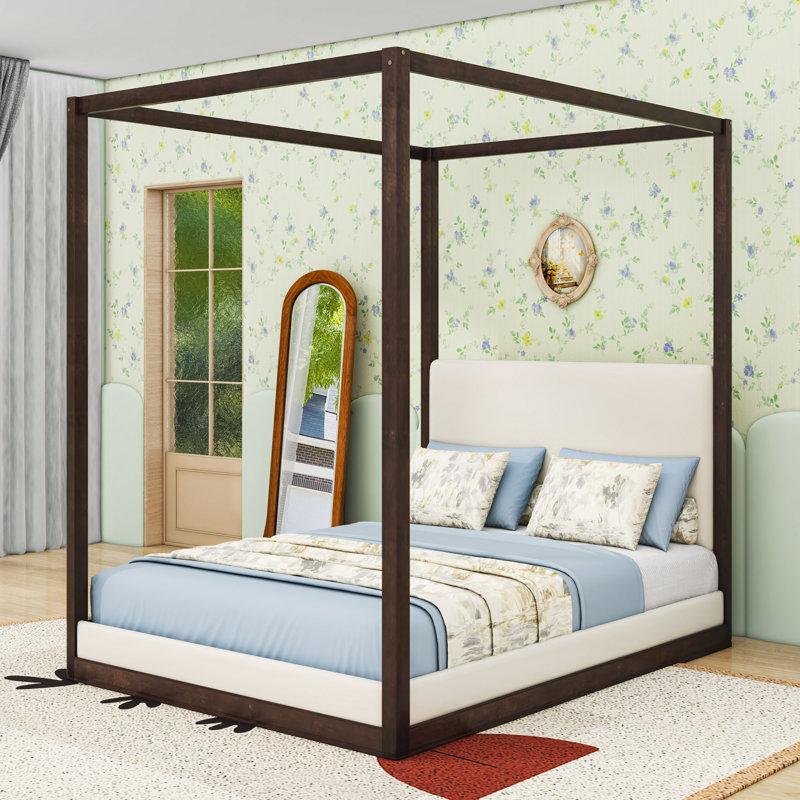 Lit plateforme à baldaquin en bois luxueux avec tête de lit tapissier et lattes, Espresso/White, Queen