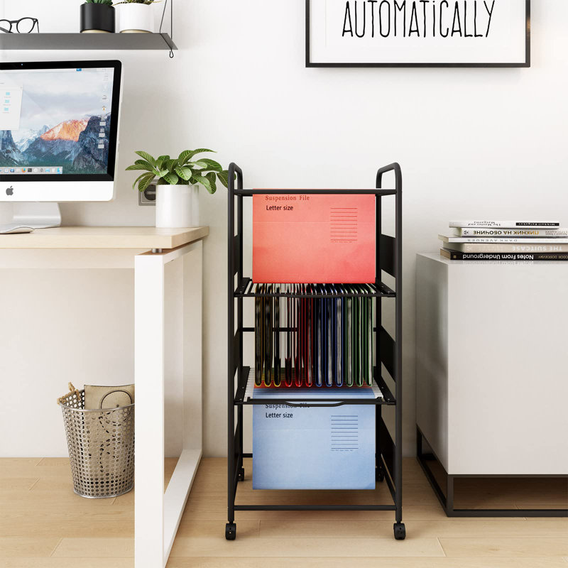 3-Tier Metal Rolling File Cart With Lockable Wheels For Letter-Size Hanging Files