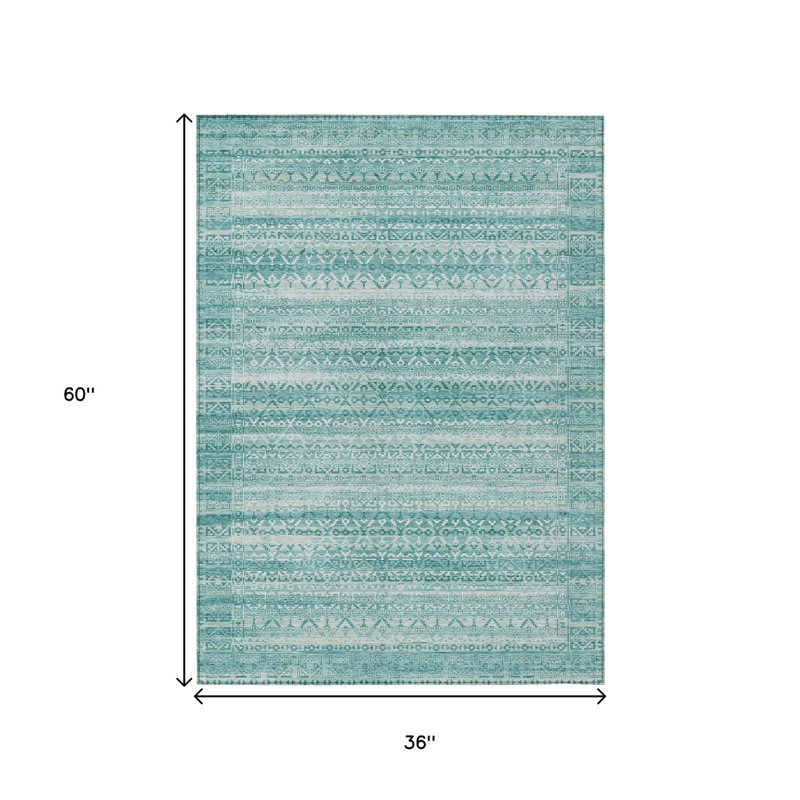 3' X 5' Aqua And Ivory Striped Washable Indoor Outdoor Area Rug