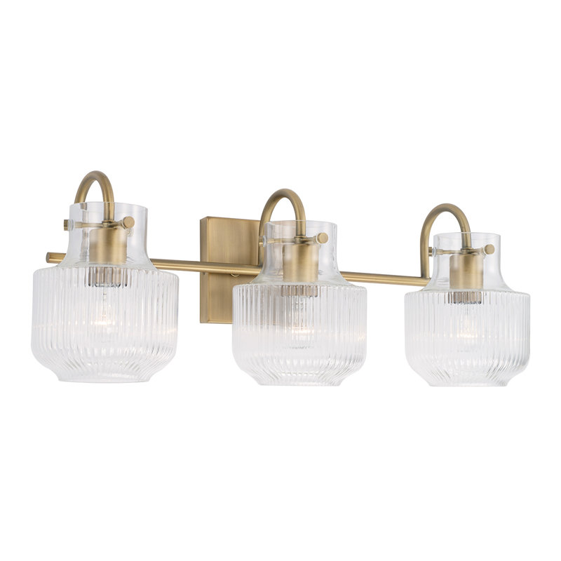 Meuble-lavabo 3 lumières l 24 po x H 9 po en nickel poli avec verre cannelé transparent, Laiton vieilli