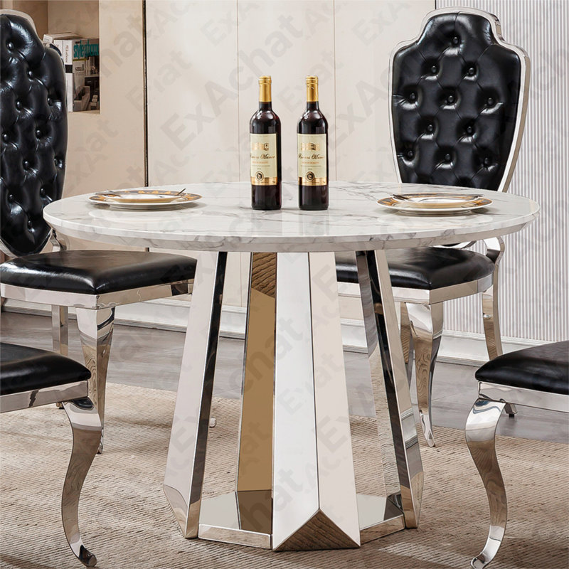 Table de salle à manger ronde en marbre de 47 po, table de cuisine moderne avec plateau en faux marbre ultrabrillant et base en acier inoxydable pour la salle à manger, cuisine (argent, blanc) (table seulement)