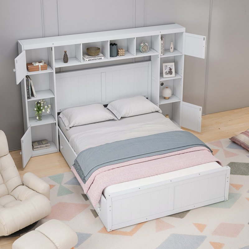 Murphy Shaped Solid Wood Bookcase Bed Frame With Bookcase Headboard and 4 Drawers,Platform Bed,Storage Bed, White
