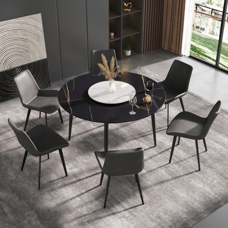 Four-Leg Round Sintered Stone Dining Table With Lazy Susan, Black, Black/White