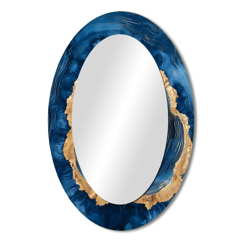 Glissoire en bois d'un lac bleu forêt I - Miroir décoratif floral ovale sur métal, 36 po x 24 po