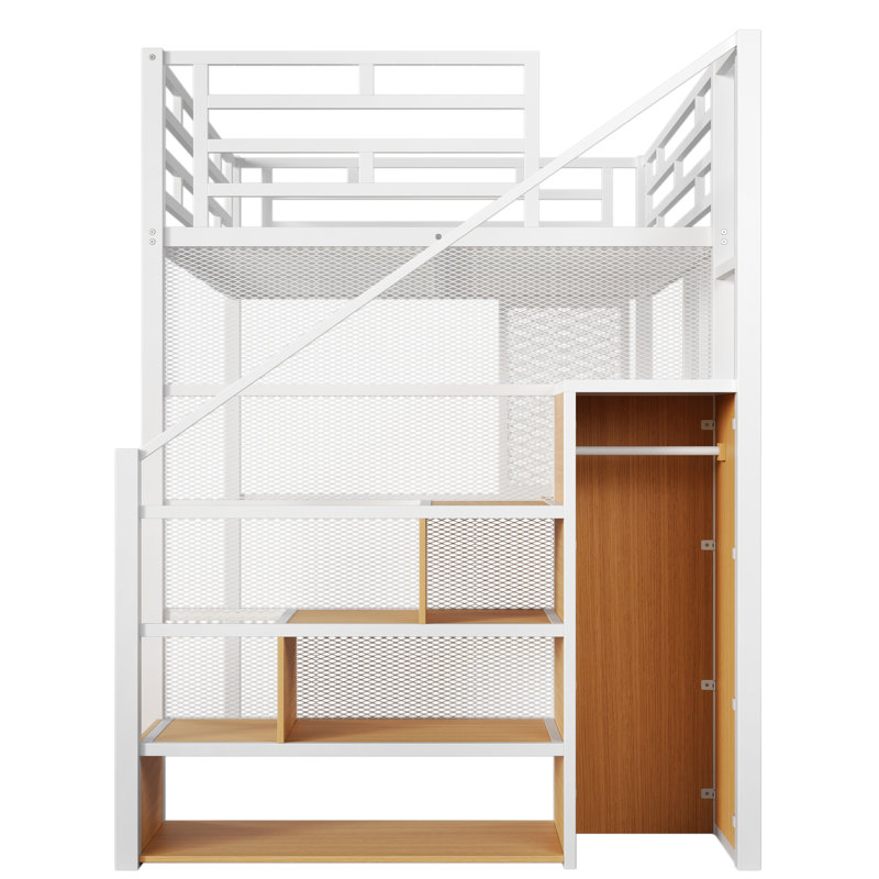 Lit mezzanine pleine grandeur en métal blanc Space avec armoire, bureau et tablettes intégrées de rangement, Blanc