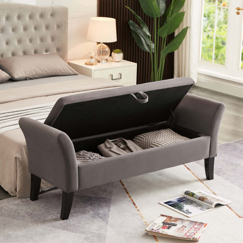 51.5-Inch Tufted Velvet Upholstered Bed Bench With Storage & Wooden Legs, Gray