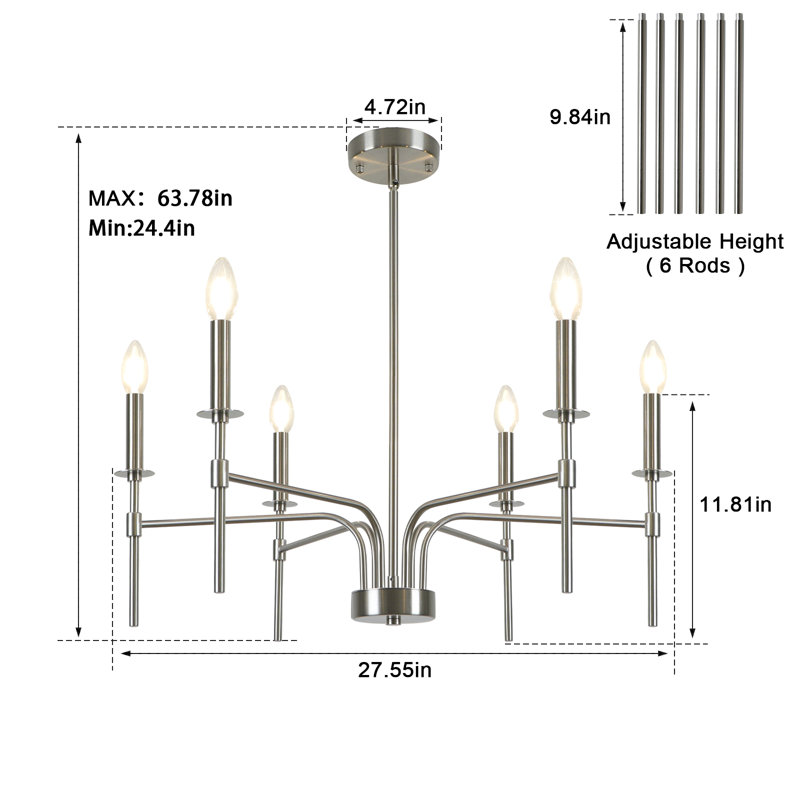 Arunvir 6-Light Dimmable Candle Style Chandelier, Brushed Nickel
