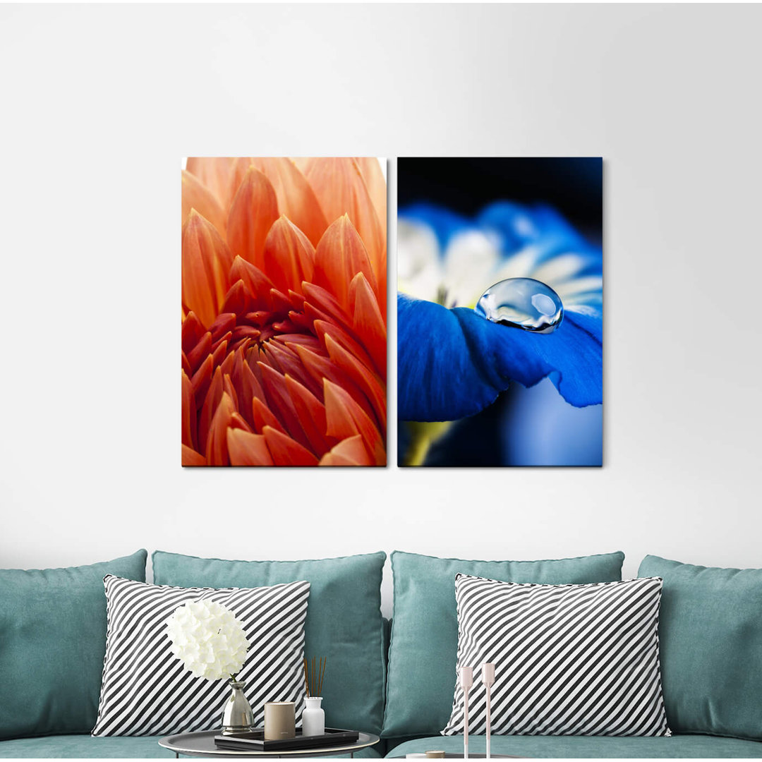 2-tlg. Leinwandbilder-Set - Grafikdruck „Dahlia Red Blossom Blue Blossom Flowers Summer Drops”