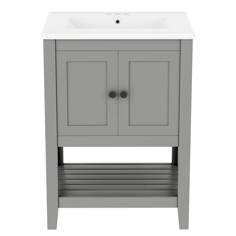 Lavabo de salle de bain moderne élégant en céramique 24 po avec tablette ouverte en bois massif, Gris