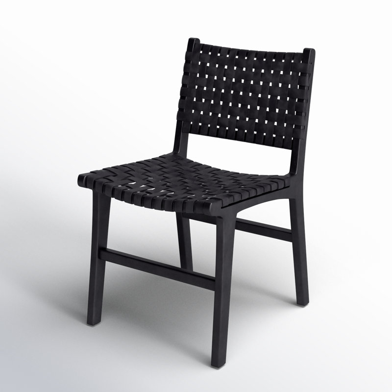 Dale Top Grain Woven Leather with Teak Frame Dining Side Chair, Antique Black Leather, Black Frame