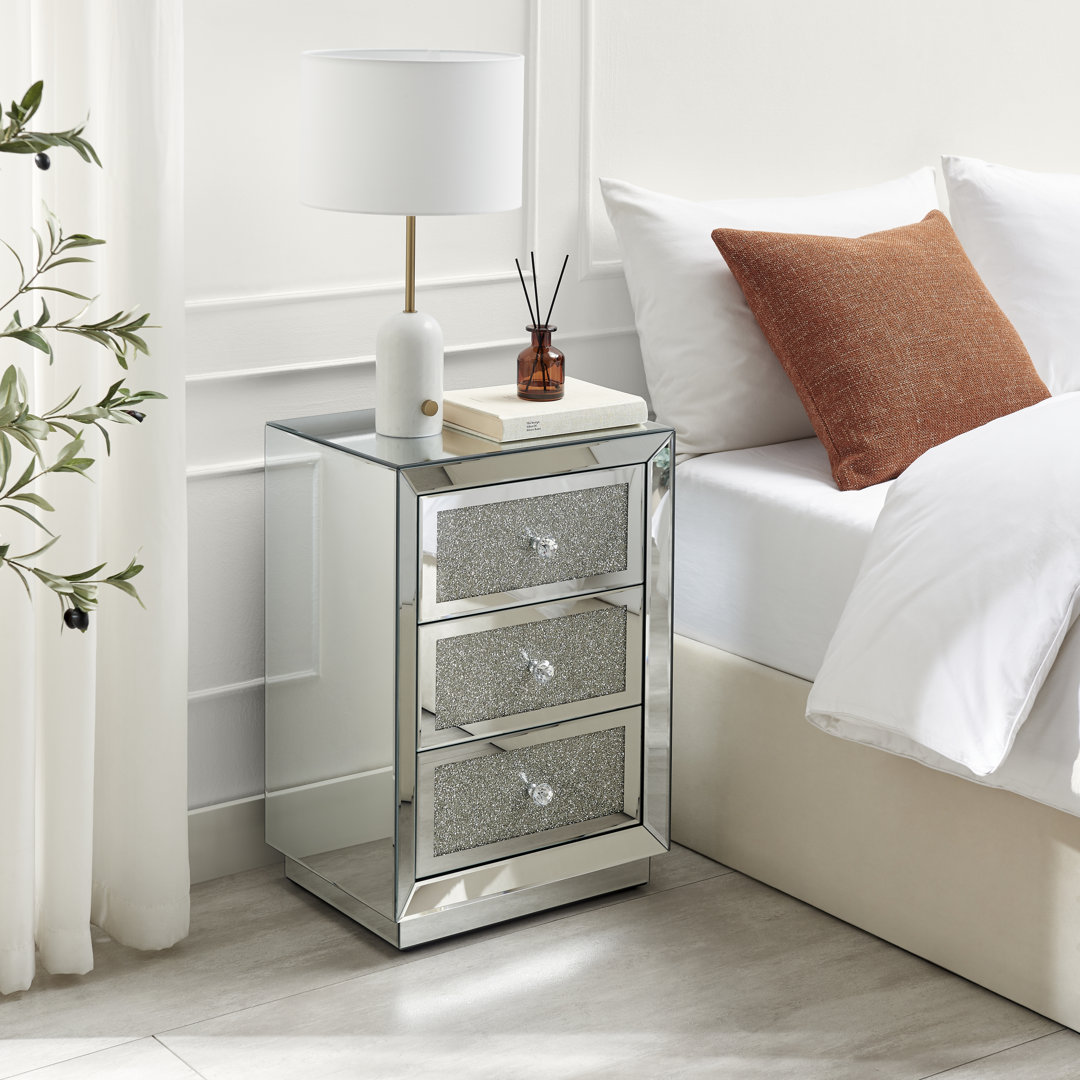 Crushed Diamond Mirrored 3 Drawer Nightstand - Luxury Bedside Table East Urban Home