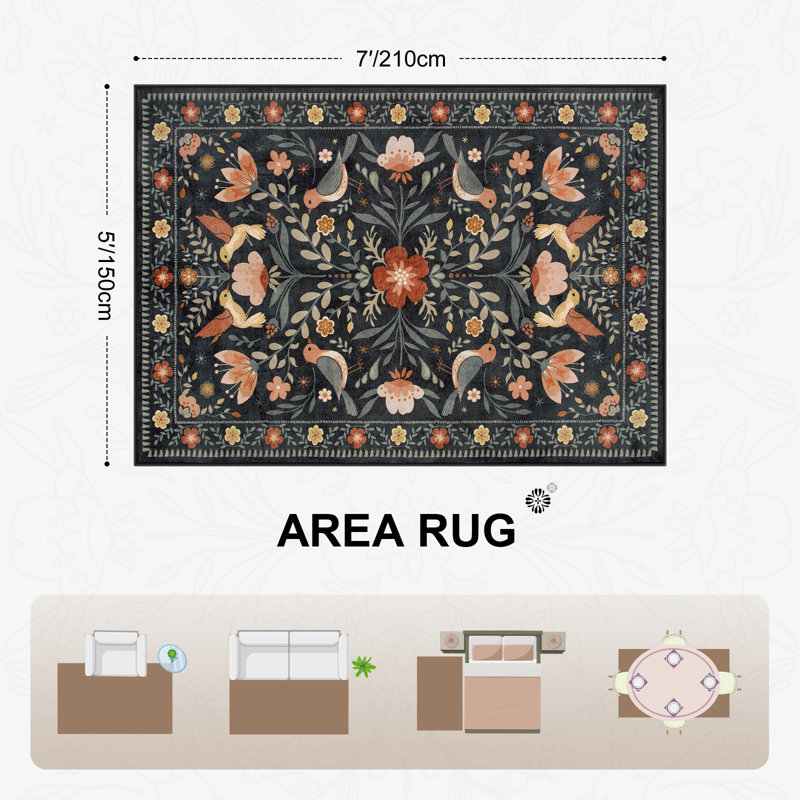 Goldene Boho Bird Area Rug Washable Rugs for Living Room, Large Floral Bedroom Carpet Low-Pile, Rectangle 5' x 7'