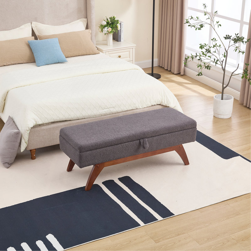 Tissu en laine Teddy, pieds pour la pesée solide et tabouret de lit avec fonction de rangement (un seul repose-pieds), Gris