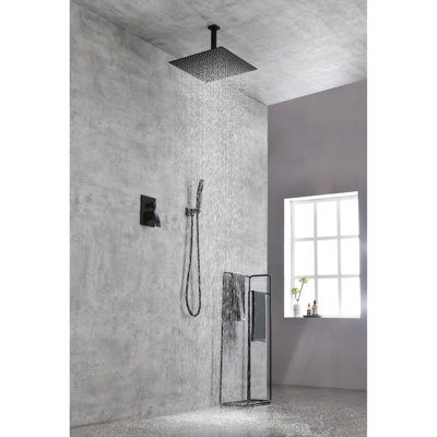 Ceiling Mounted Shower System In Matte Black. Brass Construction With 16" Head. Natural Rainfall Experience. Self-Cleaning Nozzle. Easy Install, American Standard Pipe Compatible. 15.28" Wide, 6.14"