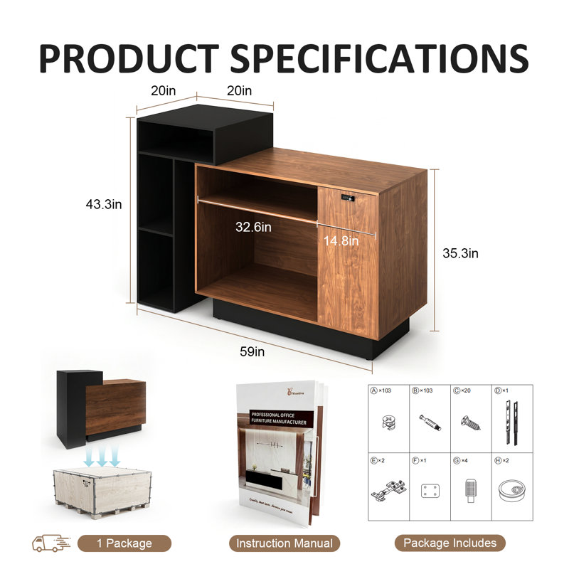 Bureau de réception haut et debout avec comptoir, tiroir verrouillable et tablettes réglables, réception réversible de 59 po pour petites entreprises, salon de beauté, bureau - brun noir moderne