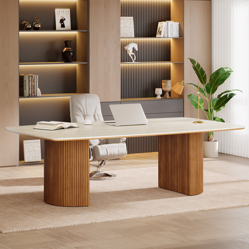 Travertine Slab Computer Desk With Semi-Circular Base In Wax Wood Finish