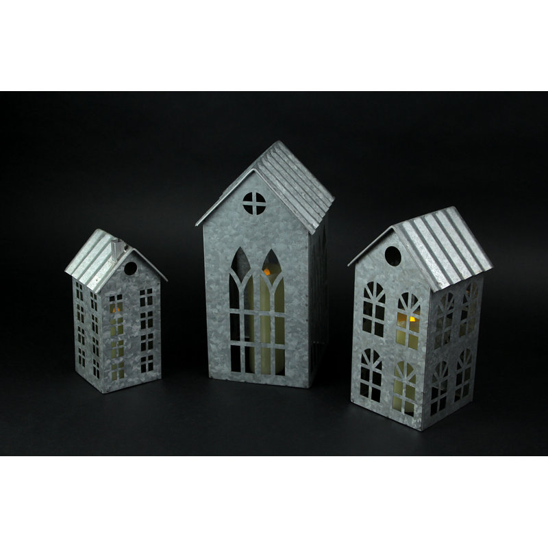 Porte-bougies votives Farmhouse Christmas Village en métal galvanisé gris, ensemble de 3 - H 8,25 à 11,75 po