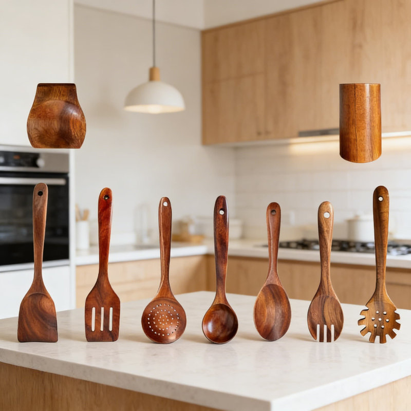 Ensemble d'ustensiles en bois de teck de qualité supérieure - ustensiles de cuisine 9 pièces fabriqués à la main avec spatule, cuillères, louche, support à pâtes et support - résistant à la chaleur, anti-rayures pour batterie de cuisine antiadhésive, facile à nettoyer