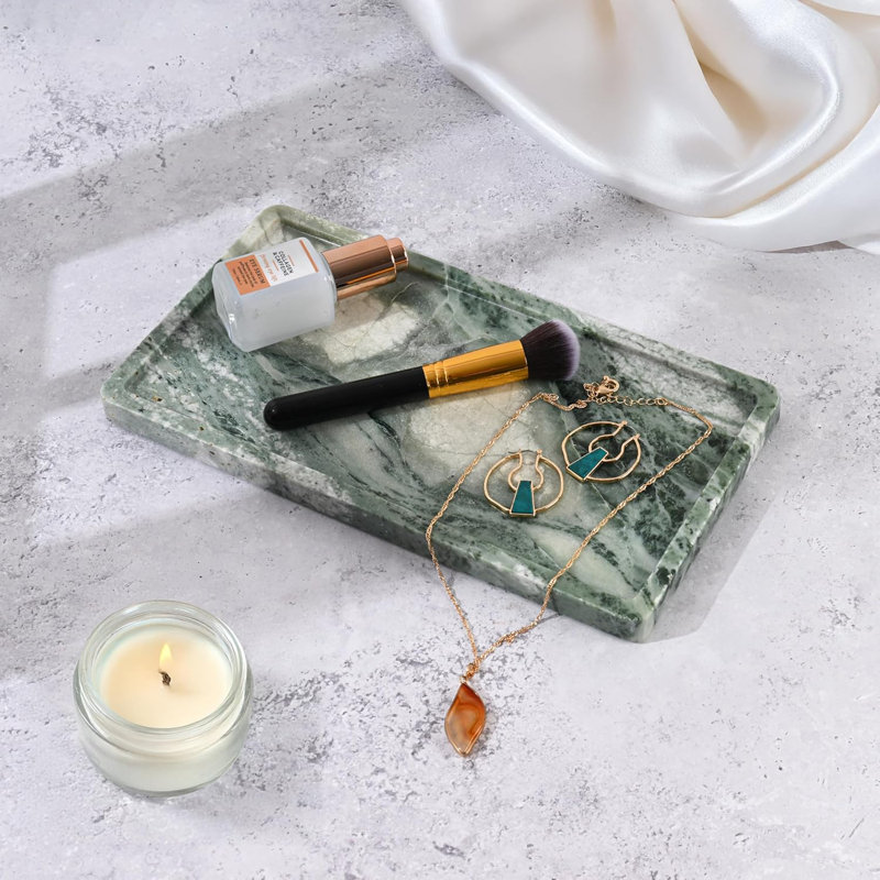 12" x 6.5" Green Marble Decorative Vanity Tray - Natural Stone Organizer for Bathroom/Kitchen Countertop, Jewelry, Makeup